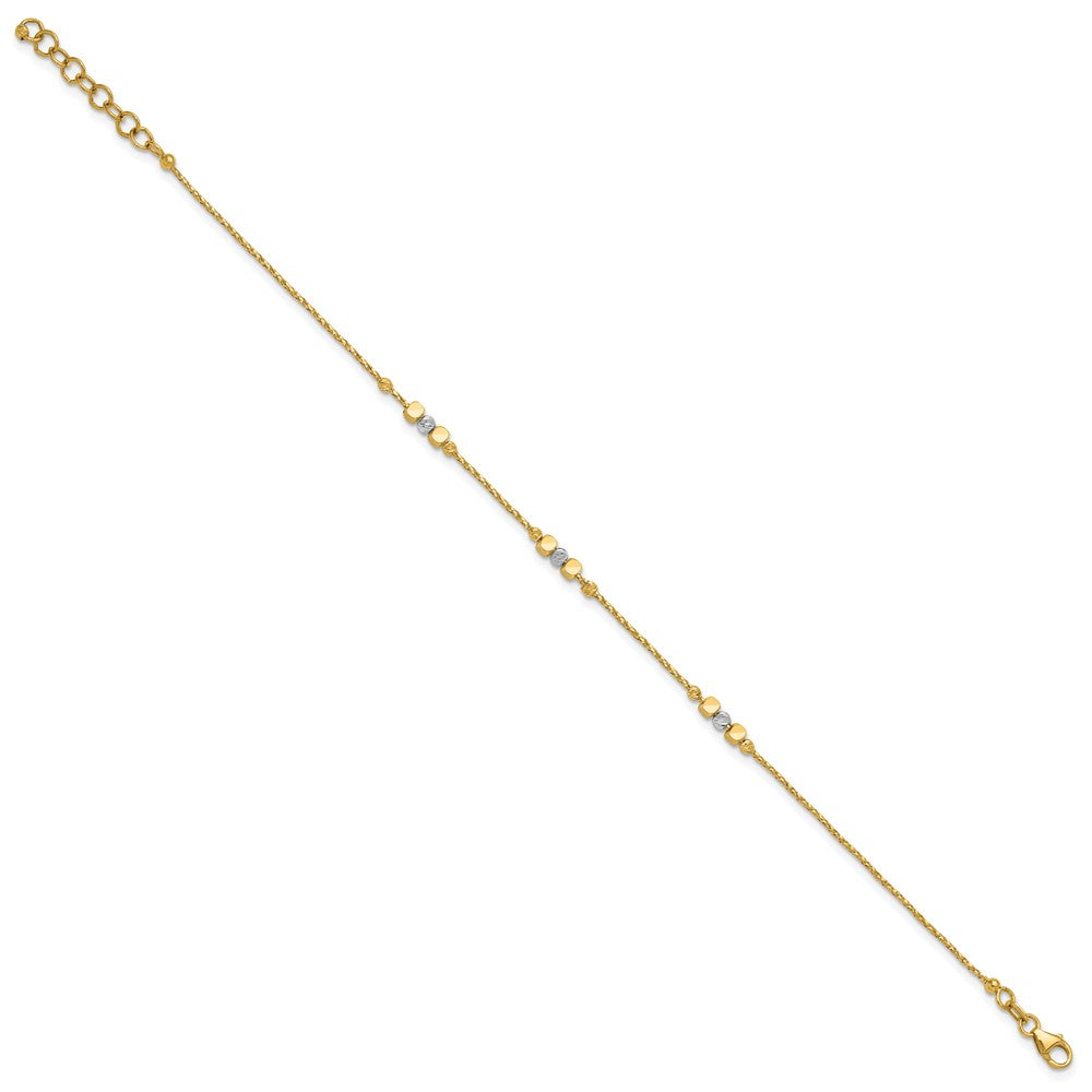 14K Two-tone Pol/Texture/Dia-cut Beads w/1in ext. Bracelet