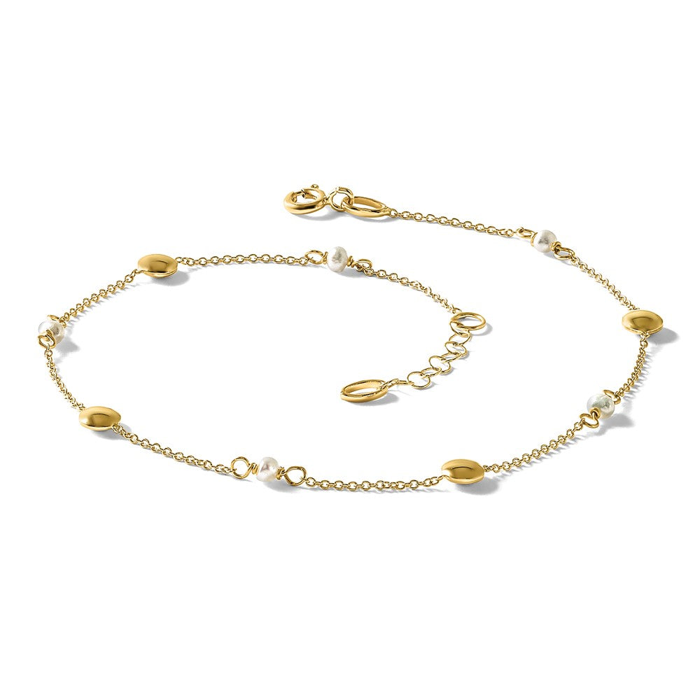 14K Freshwater Cultured Pearl / Round Beads 9 inch Plus 1 inch Extender - Total 10 inch Anklet