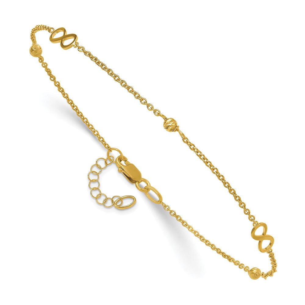 14K Infinity and Diamond-cut Bead 9 inch Plus 1 inch Extender - Total 10 inch Anklet
