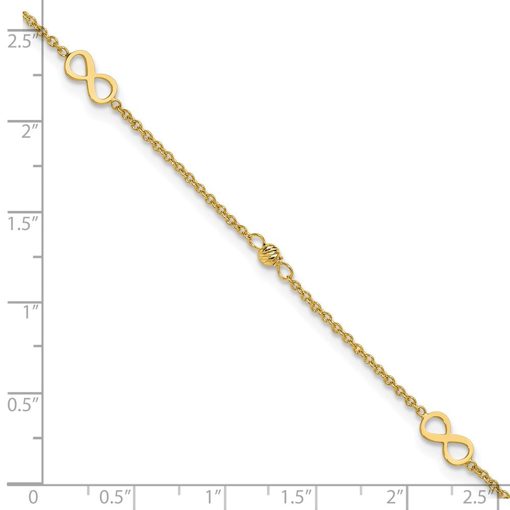 14K Infinity and Diamond-cut Bead 9 inch Plus 1 inch Extender - Total 10 inch Anklet