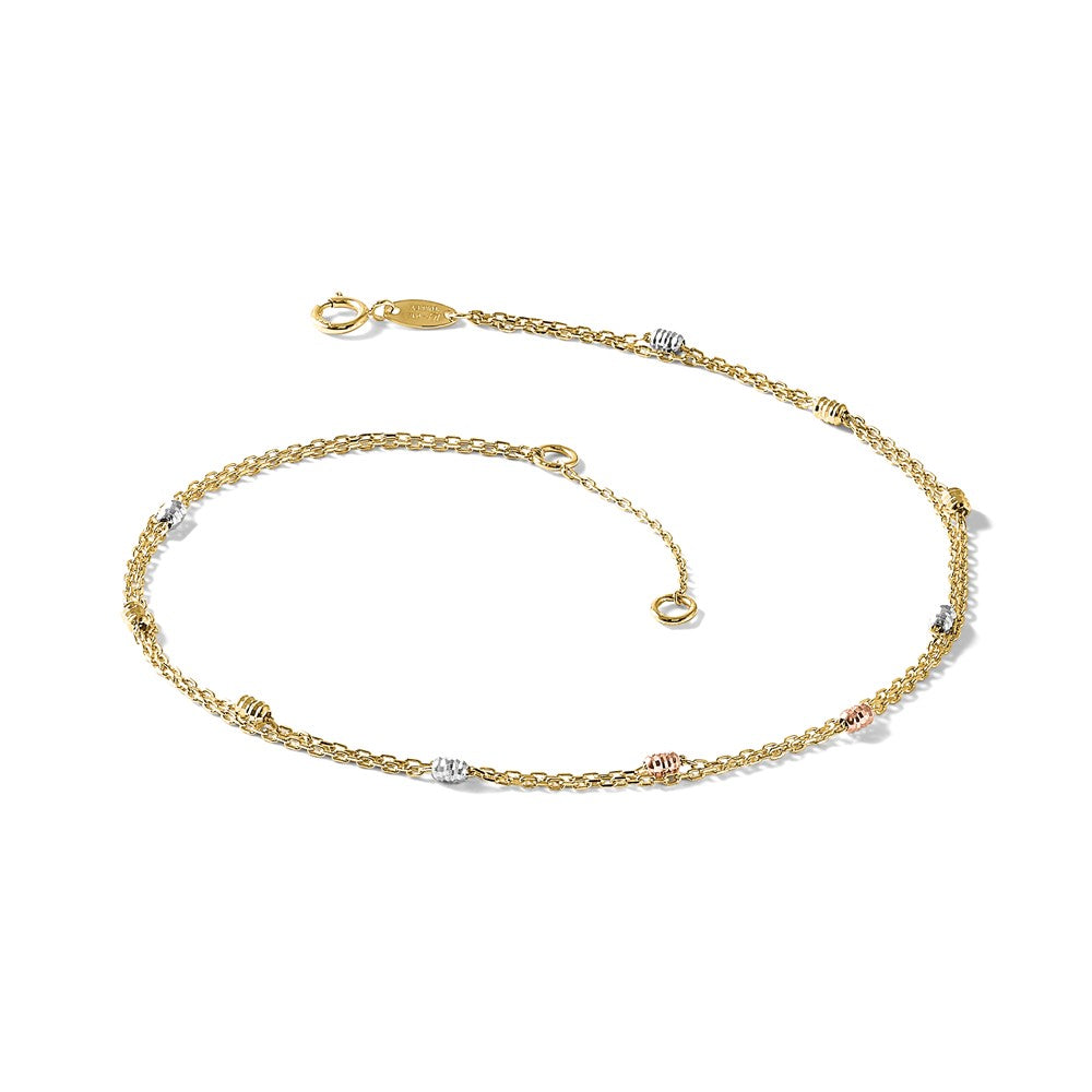 14K Tri-color Diamond-cut Beads 2-Strand 9 inch Plus 1 inch Extender - Total 10 inch Anklet
