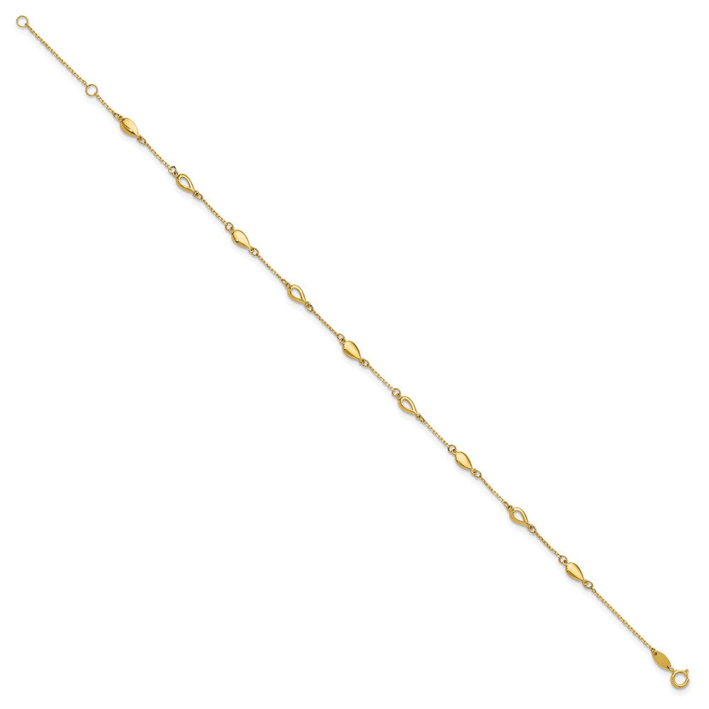 14K Polished Teardrop 9 inch Plus 1 inch Extender - Total 10 inch Anklet