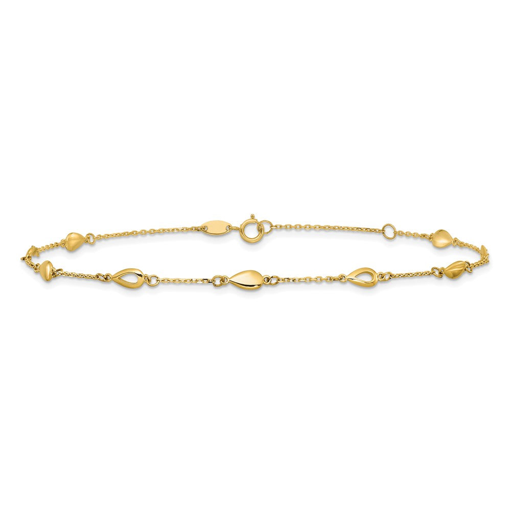 14K Polished Teardrop 9 inch Plus 1 inch Extender - Total 10 inch Anklet