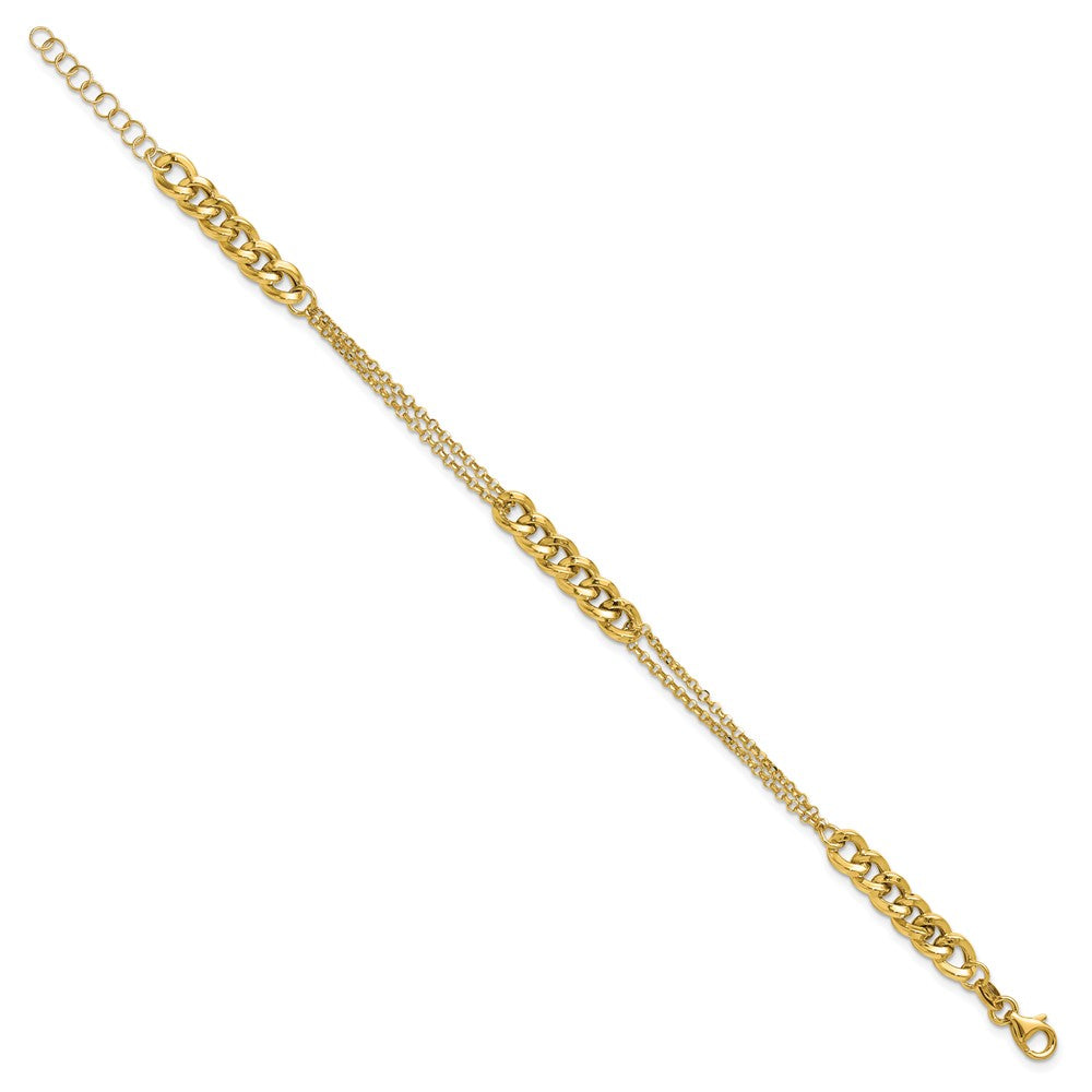14K Polished/Dia-cut 2-Strand Fancy Link w/1in ext. Bracelet