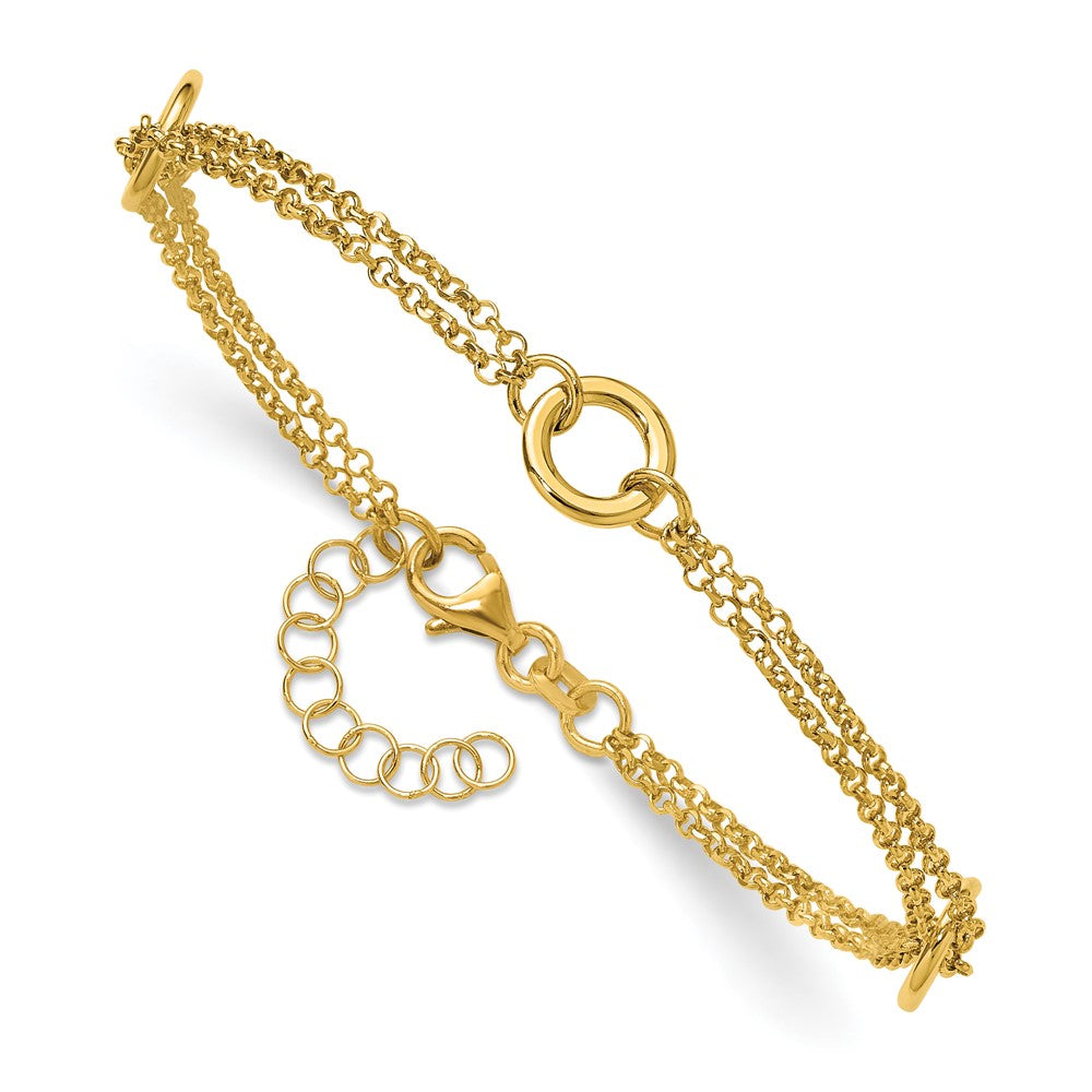 14K Polished/Dia-cut 2-Strand Circle Link w/1in ext. Bracelet
