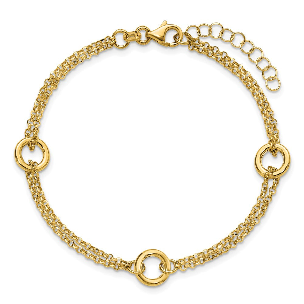 14K Polished/Dia-cut 2-Strand Circle Link w/1in ext. Bracelet