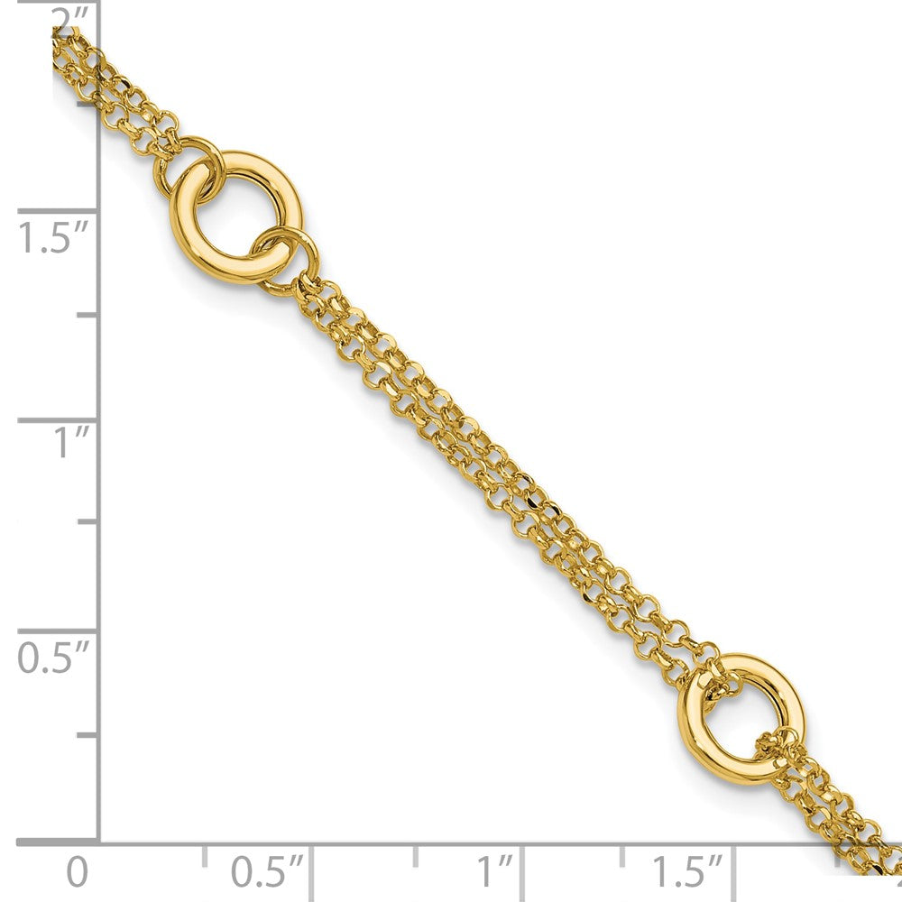 14K Polished/Dia-cut 2-Strand Circle Link w/1in ext. Bracelet