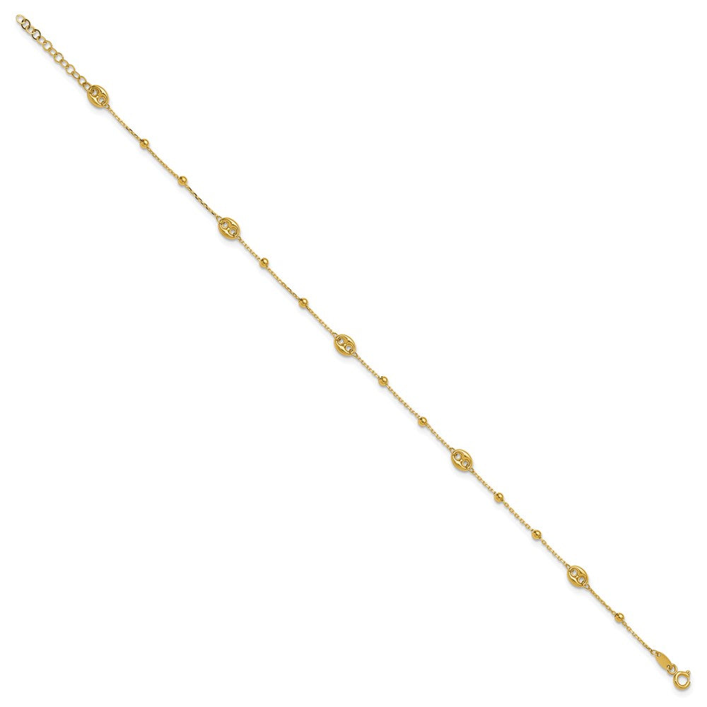 14K Puffed Mariner Beaded 9 inch Plus 1 inch Extender - Total 10 inch Anklet