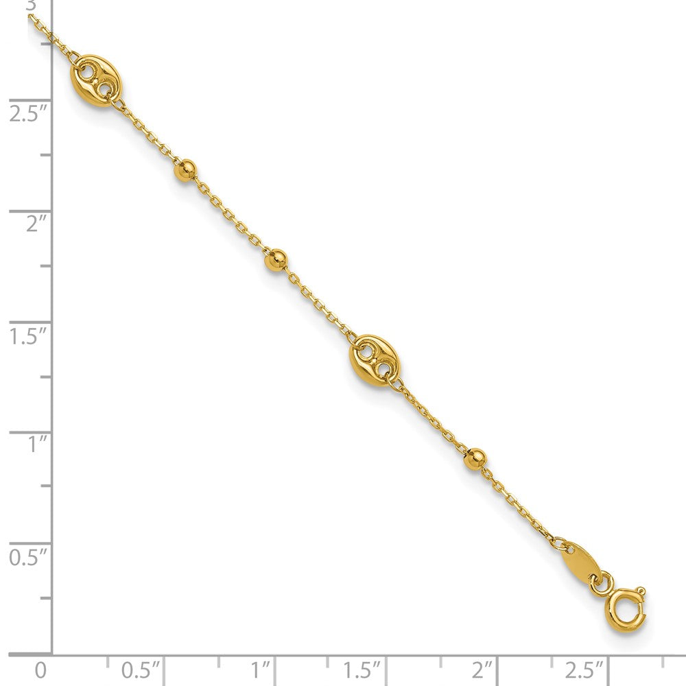 14K Puffed Mariner Beaded 9 inch Plus 1 inch Extender - Total 10 inch Anklet