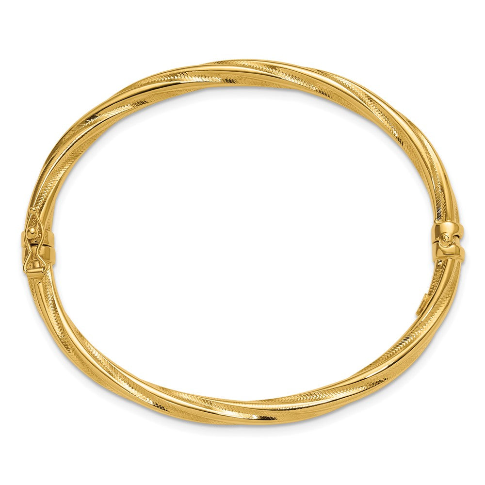14K Polished and Textured Twist Hinged Bangle