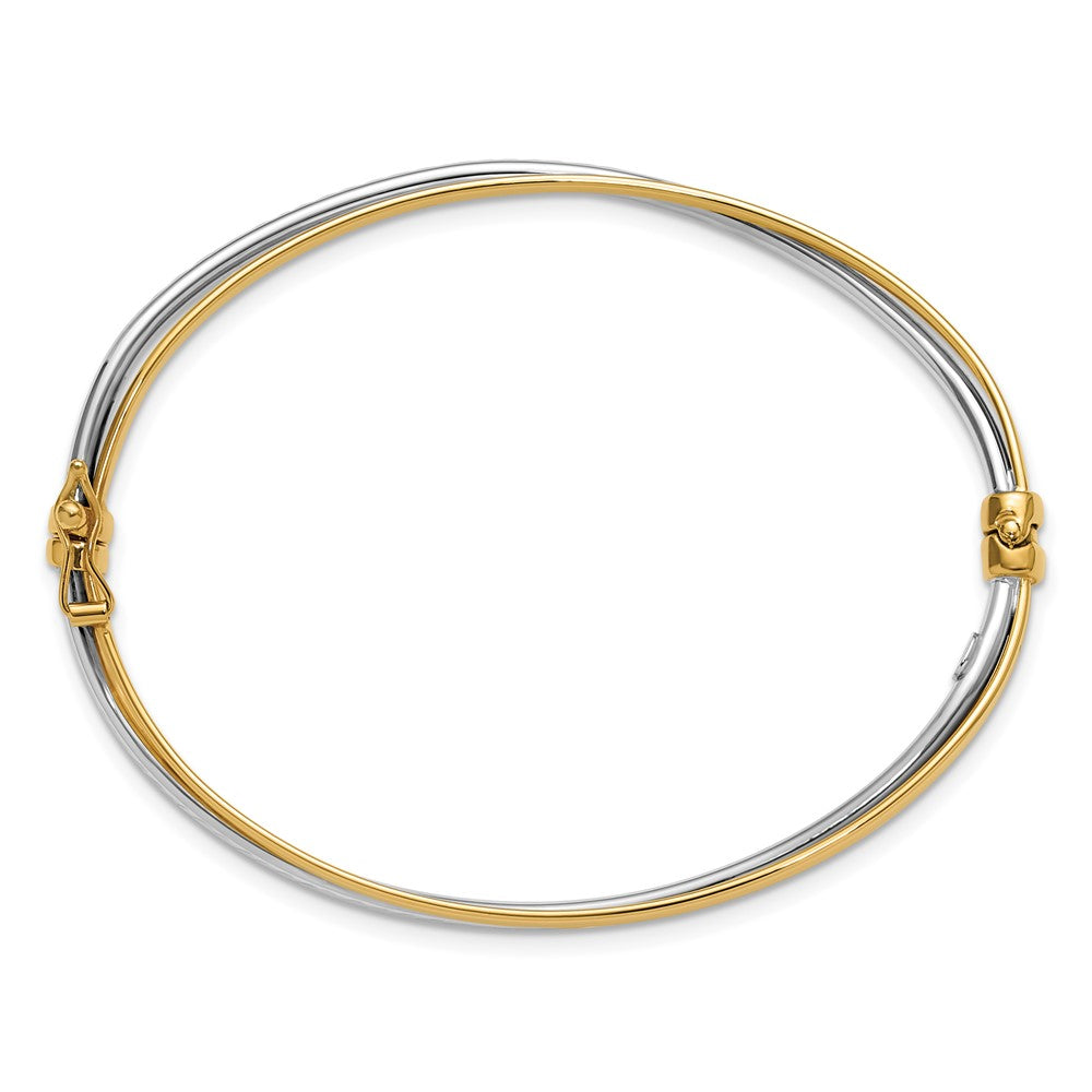 14K w/Rhodium Polished/Diamond-cut Twist Hinged Bangle