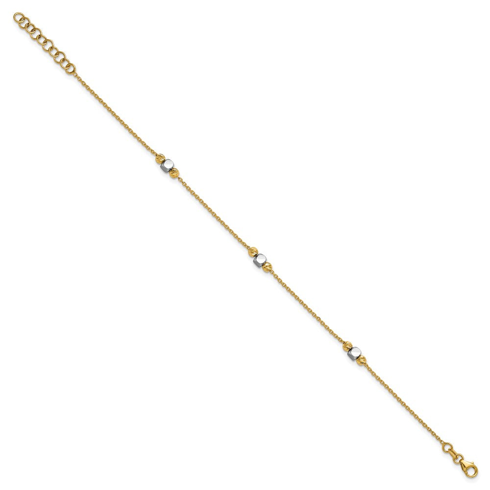 14K Two-tone Polished / Dia-cut Beads w/1in ext. Bracelet