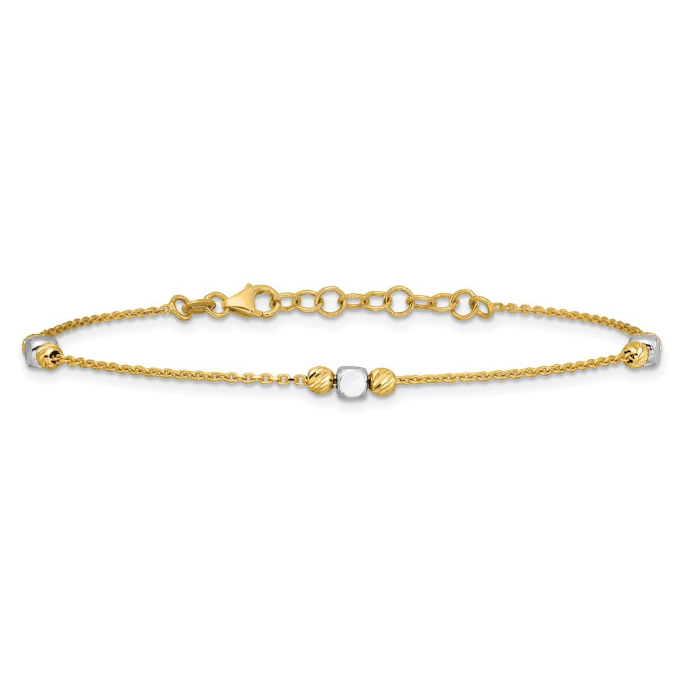 14K Two-tone Polished / Dia-cut Beads w/1in ext. Bracelet