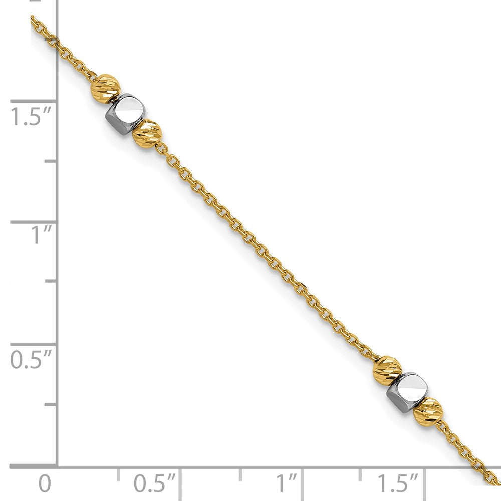 14K Two-tone Polished / Dia-cut Beads w/1in ext. Bracelet