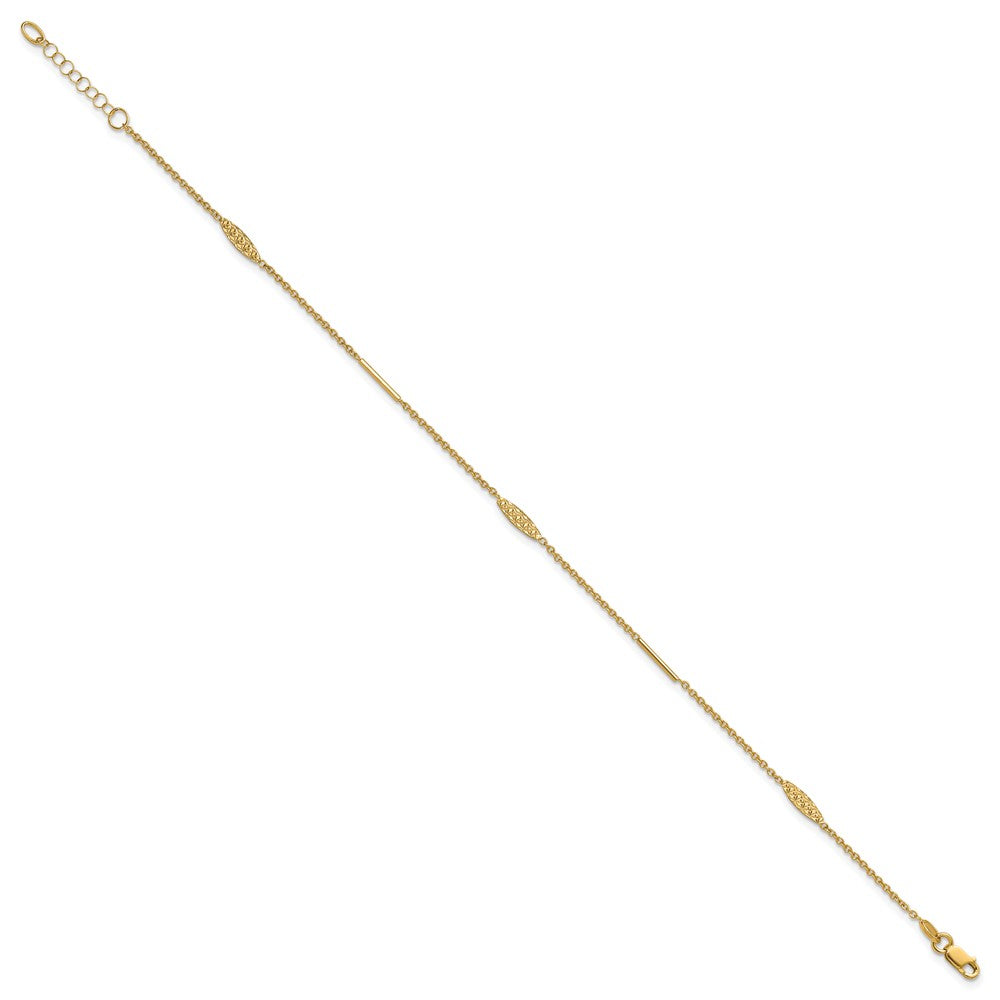 14K Bar and Textured Oval 9 inch Plus 1 inch Extender - Total 10 inch Anklet