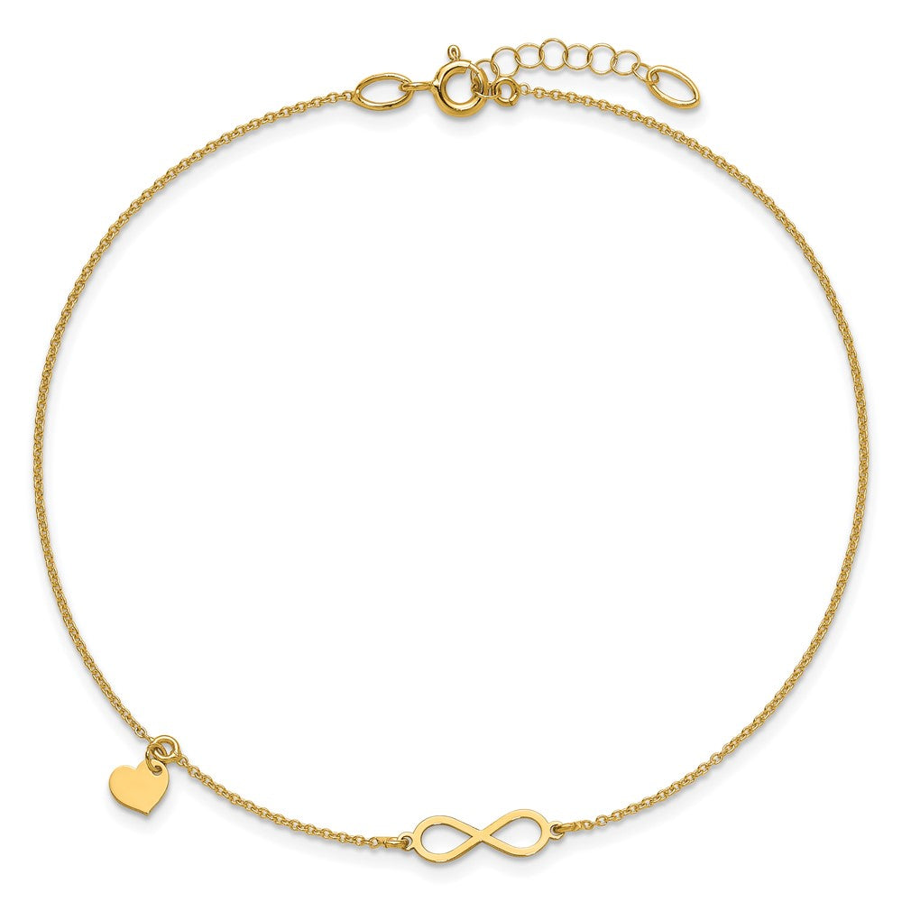 14K Infinity and Dangle Heart 9 inch Plus 1 inch Extender - Total 10 inch Anklet