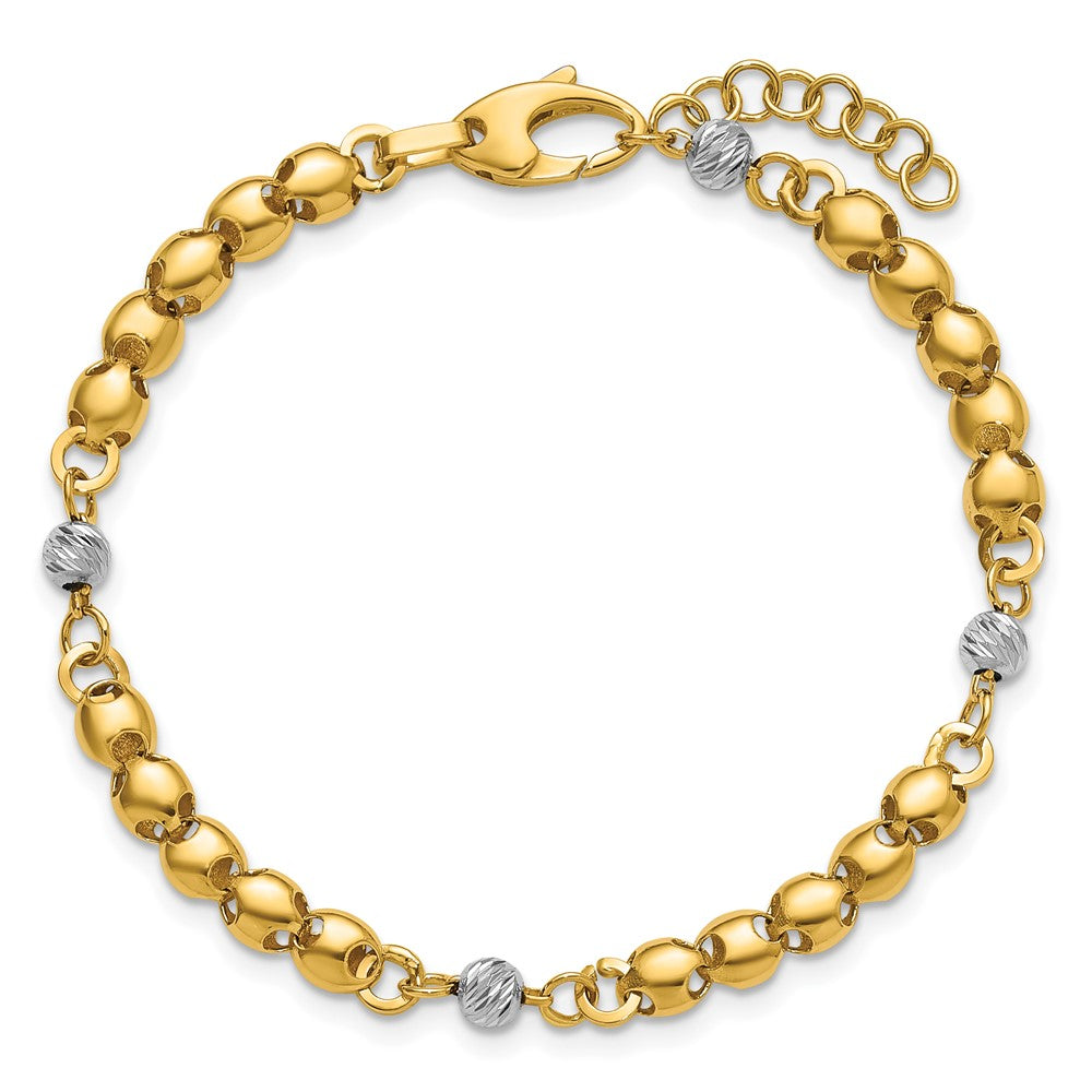 14K w/Rhodium Polished D/C Beaded Oval Link w/1in ext. Bracelet