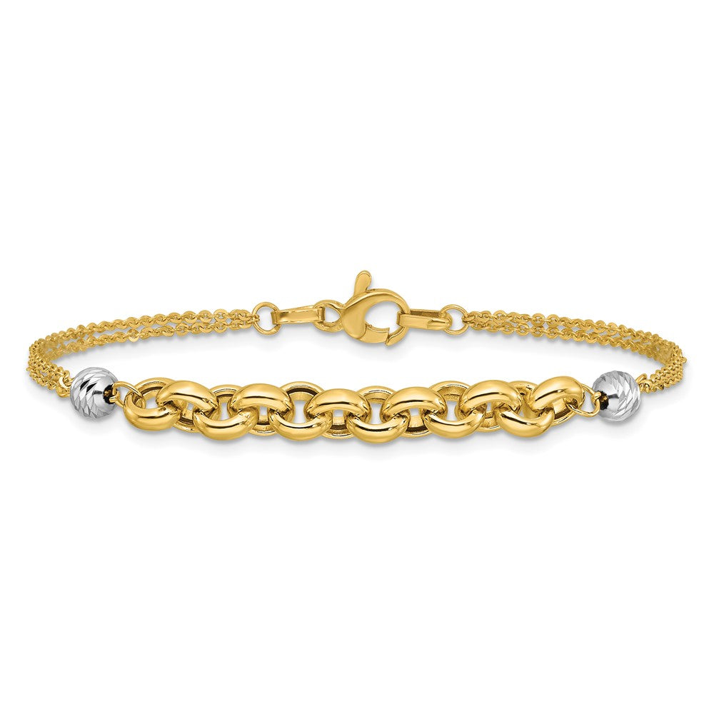 14K w/White Rhodium Polished D/C 2-Strand Rolo Link Bracelet