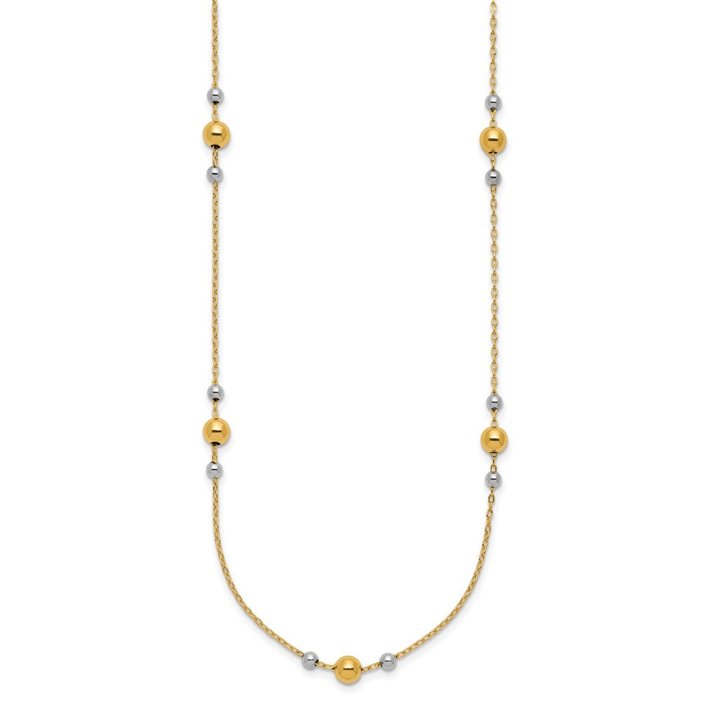 14K w/White Rhodium Polished / Beaded Station Necklace