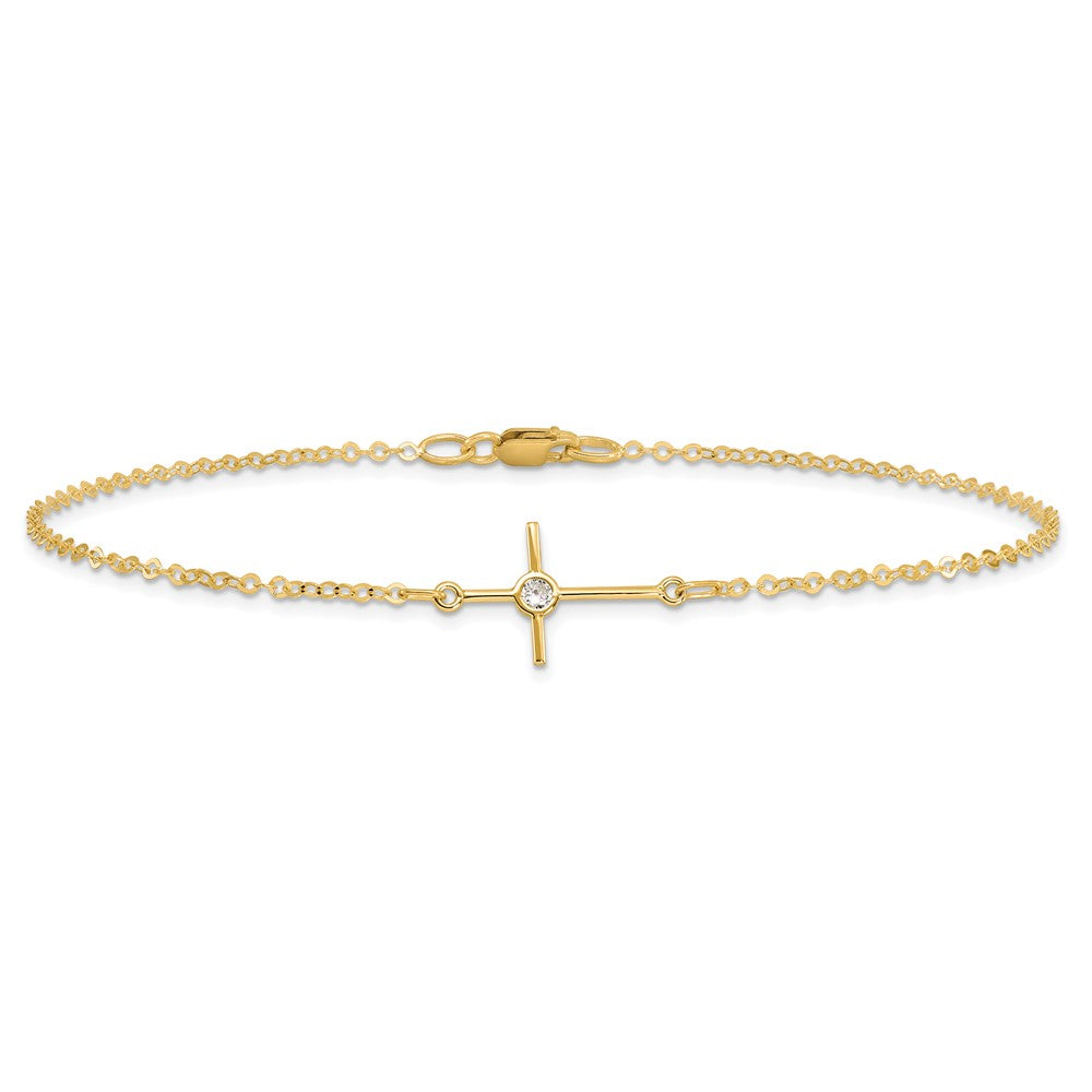 14K Polished CZ Cross Anklet