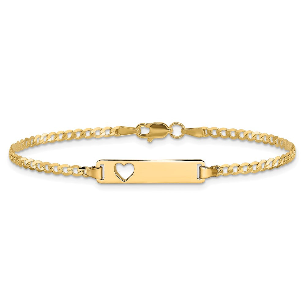14k Polished Solid Chain/Solid Plate Curb Link Cut-out Heart 20x5mm Plate 7 inch ID Bracelet