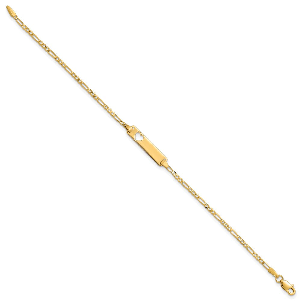 14k Polished Solid Chain/Solid Plate Figaro Link Cut-out Heart 20x5mm Plate 7 inch ID Bracelet