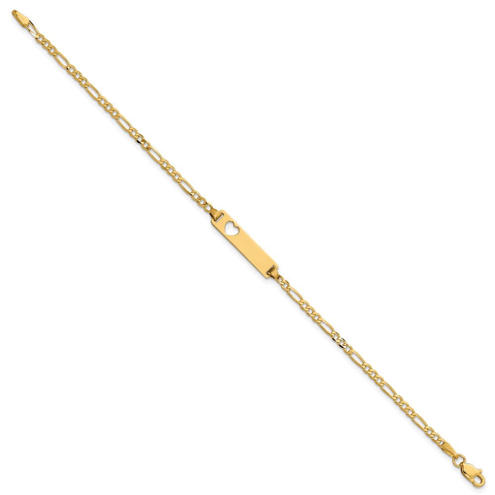 14k Polished Solid Chain/Solid Plate Figaro Link Cut-out Heart 20x5mm Plate 8 inch ID Bracelet