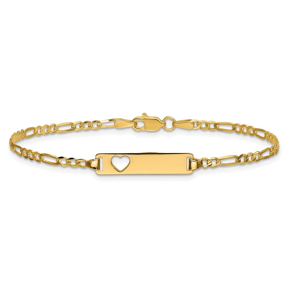 14k Polished Solid Chain/Solid Plate Figaro Link Cut-out Heart 20x5mm Plate 8 inch ID Bracelet