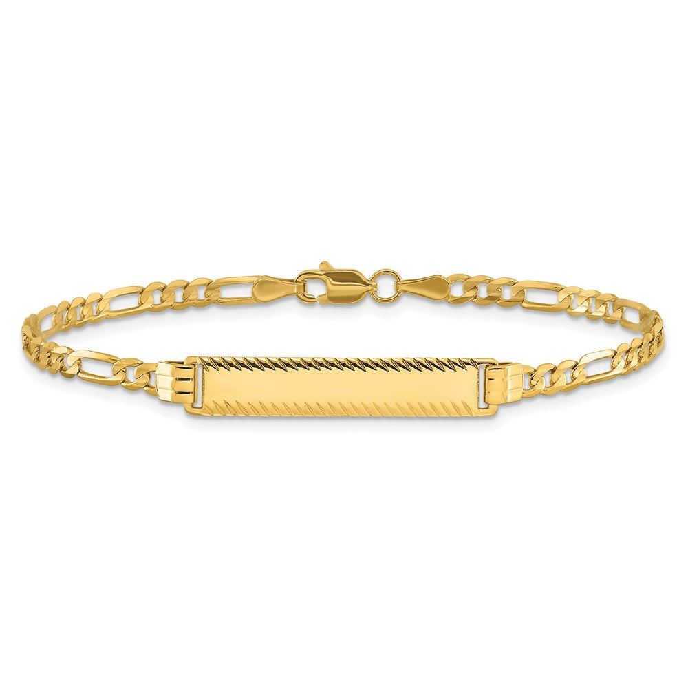 14k Polished Solid Chain/Solid Plate 3.0mm Figaro Link Diamond-cut 27x5.5mm Plate 8 inch ID Bracelet
