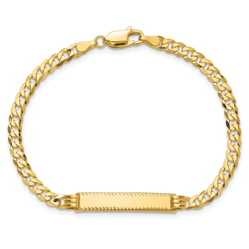 14k Polished Solid Chain/Solid Plate Flat Curb Link Diamond-cut 27x5.5mm Plate 8 inch ID Bracelet