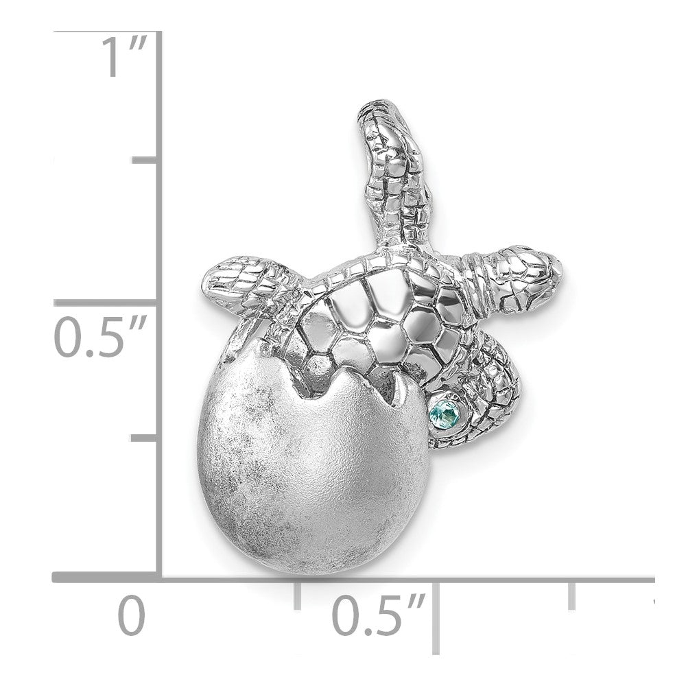 Sterling Silver Rhodium-plated Moveable Crystal Polished Hatching Turtle in Satin Egg Pendant