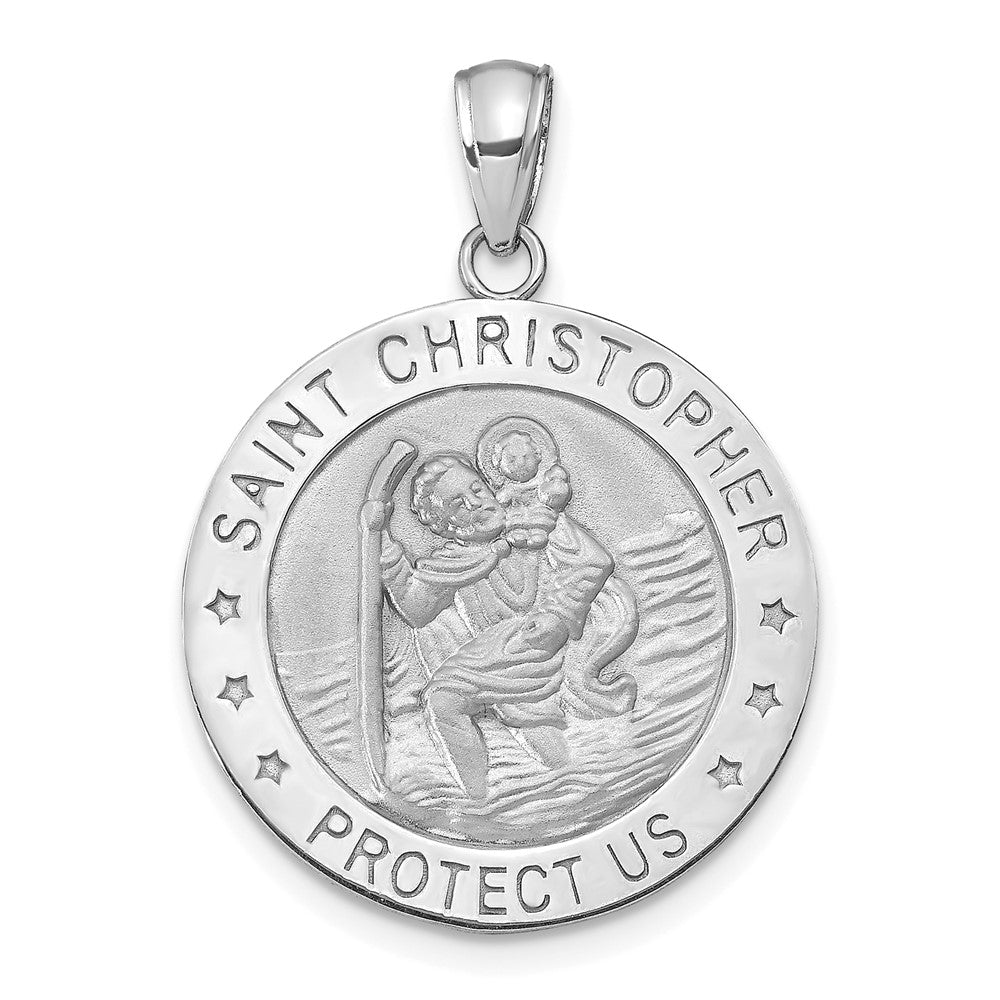 14K White Gold Polished and Satin Solid Saint Christopher Medal Round Pendant
