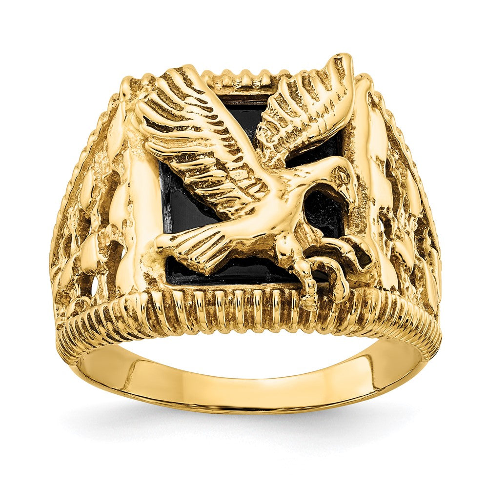 Solid;Casted;Polished;14k Yellow gold;Open back;Unable to size;Onyx;Not engraveable;Mens