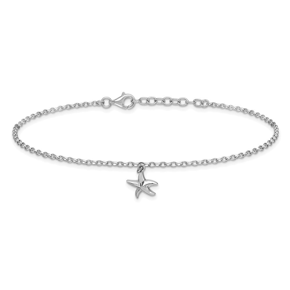 Sterling Silver Rhodium-plated Starfish Charm 9 inch Plus 1 inch Extender - Total 10 inch Anklet