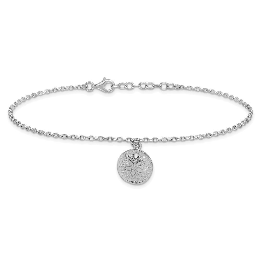 Sterling Silver Rhodium-Plated Sand Dollar Charm 9 inch Plus 1 inch Extender - Total 10 inch Anklet