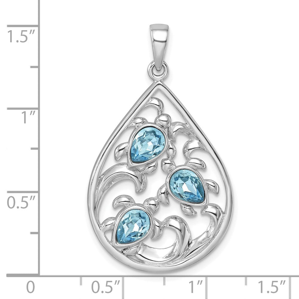 Sterling Silver Rhodium-plated Polished Triple Crystal Turtle Ocean Wave Pendant