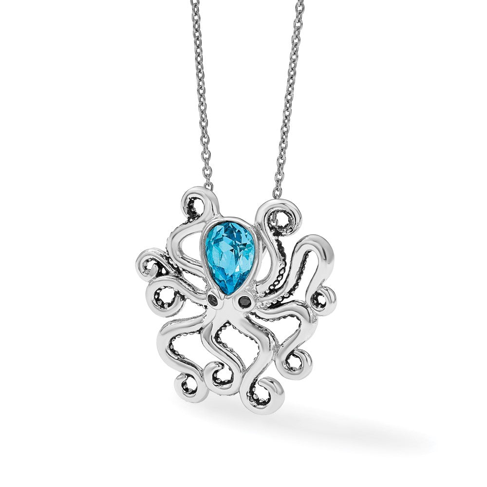 Sterling Silver Rhodium-plated Polished Blue Crystal Octopus Chain Slide