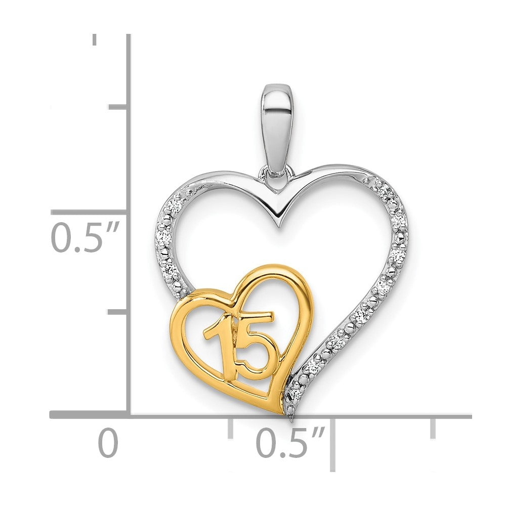 14K Two-tone Polished 1/20 carat Diamond Quinceanera 15 Heart Pendant