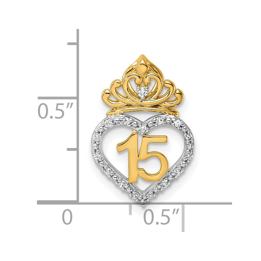 14K Two-tone 1/15 carat Diamond Quinceanera 15 Heart with Crown Chain Slide