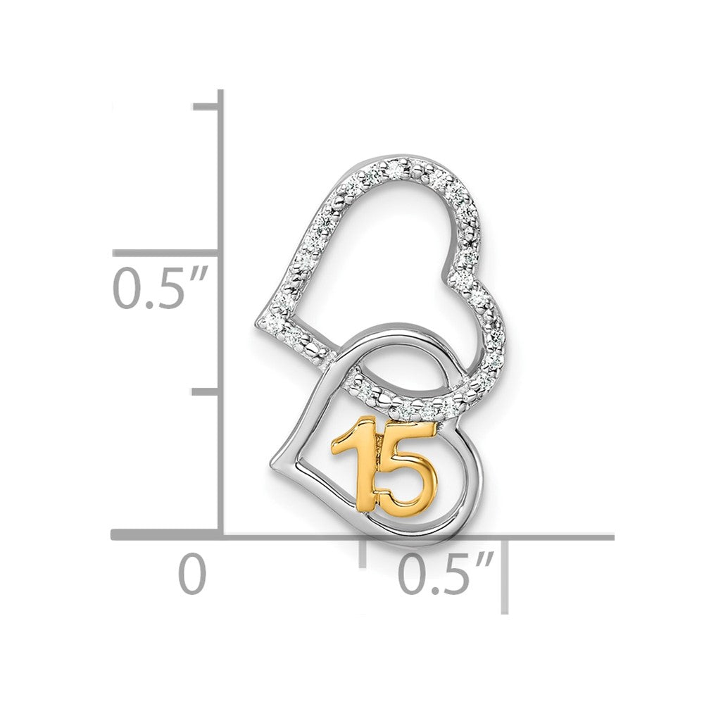 14K Two-tone Polished 1/15 carat Diamond Quinceanera 15 Double Heart Chain Slide
