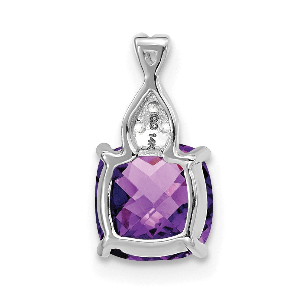 14k White Gold 7mm Cushion Checkerboard February/Amethyst and Diamond Pendant