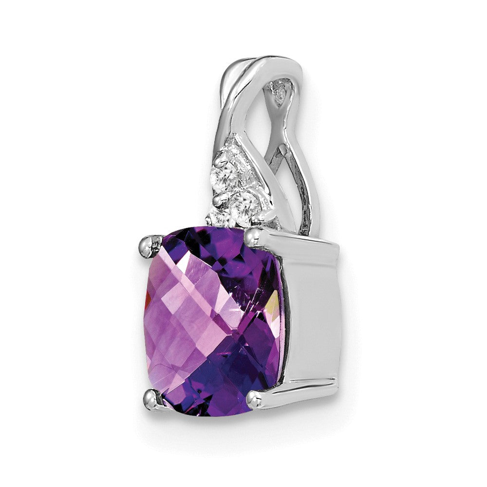 14k White Gold 7mm Cushion Checkerboard February/Amethyst and Diamond Pendant