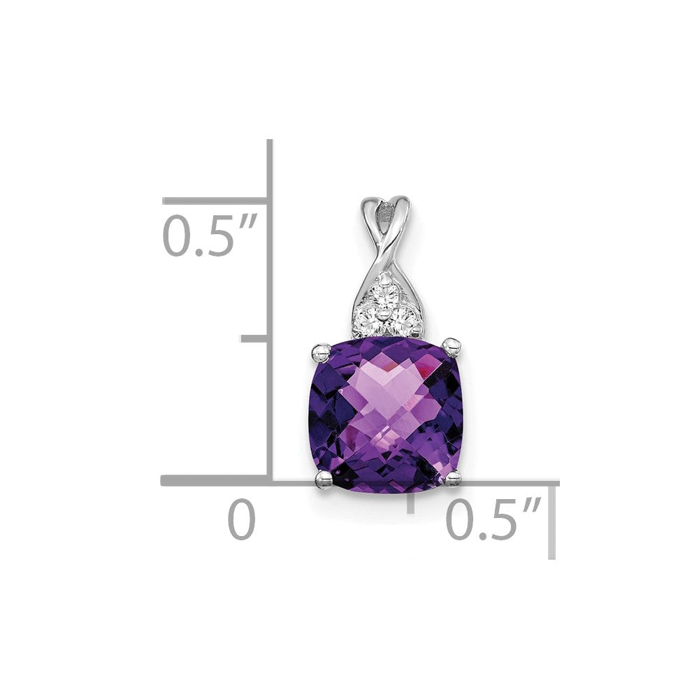 14k White Gold 7mm Cushion Checkerboard February/Amethyst and Diamond Pendant