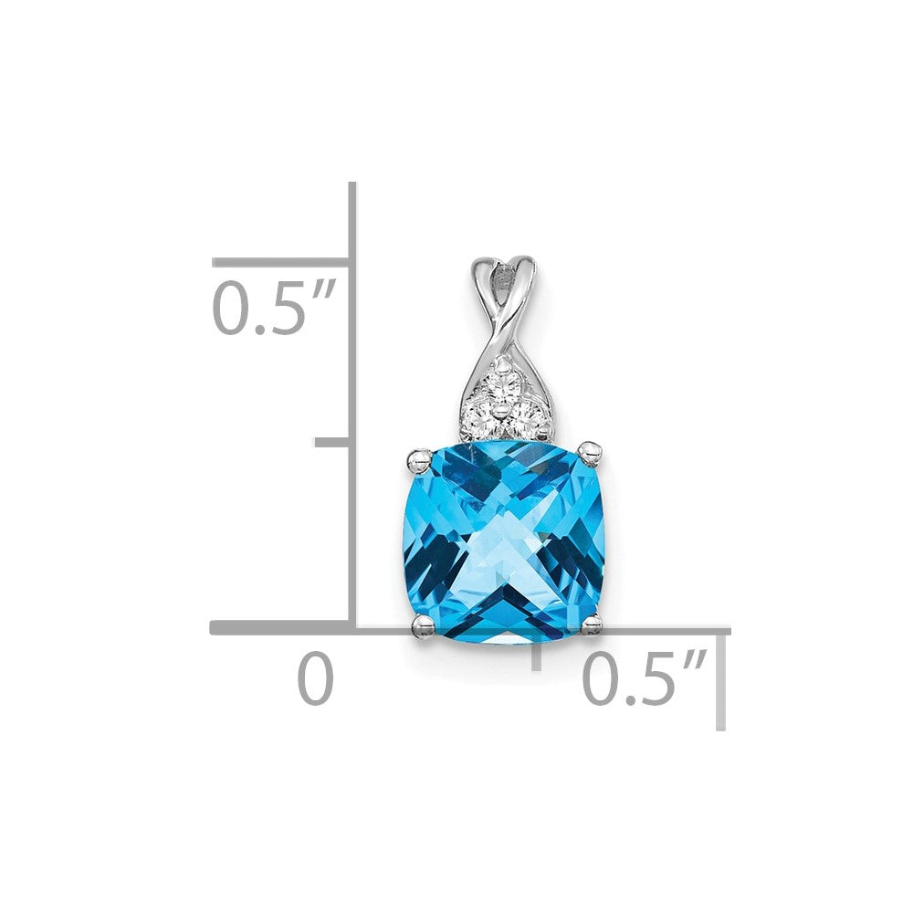 14k White Gold 7mm Cushion Checkerboard December/Blue Topaz and Diamond Pendant