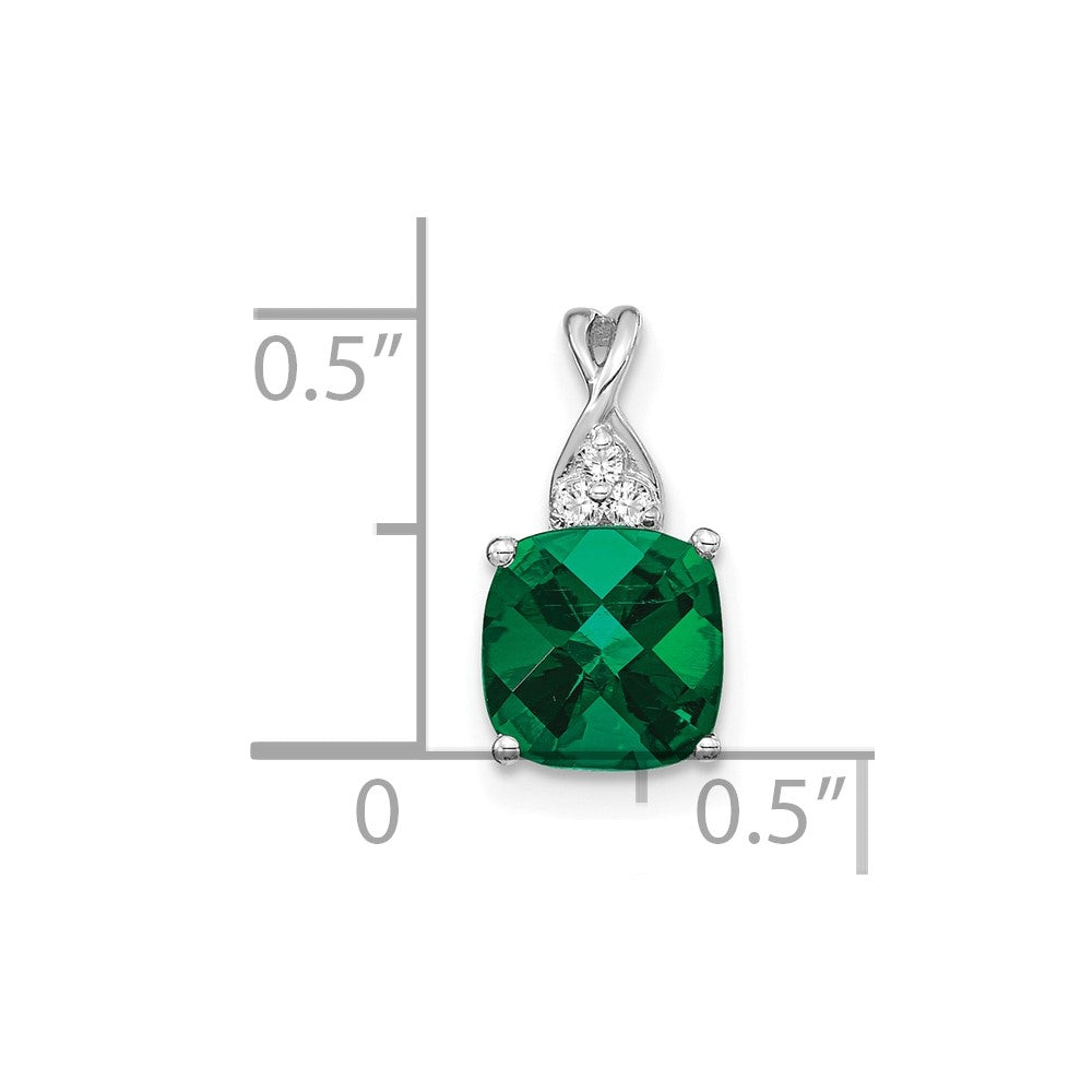 14k White Gold 7mm Cushion Checkerboard May/Lab Created Emerald and Diamond Pendant