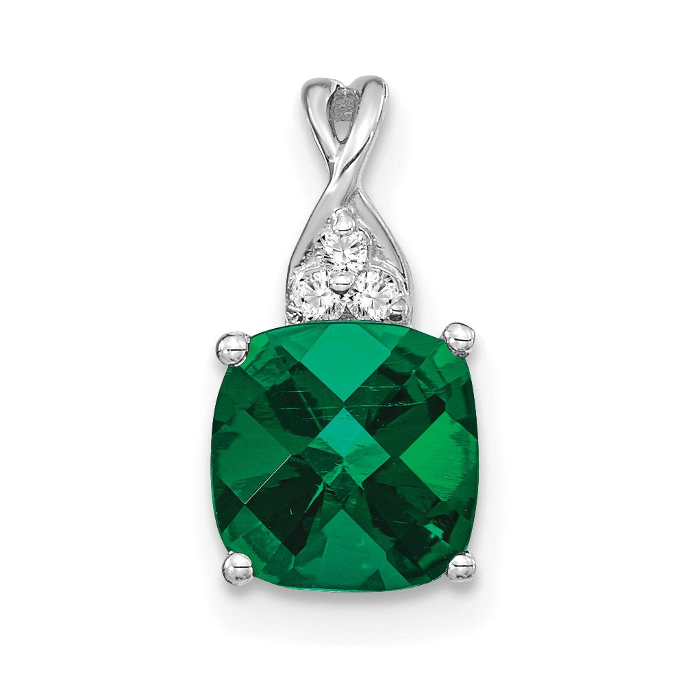 14k White Gold 7mm Cushion Checkerboard May/Lab Created Emerald and Diamond Pendant
