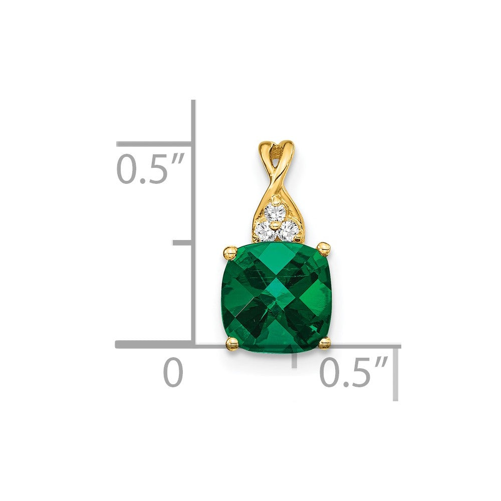 14k 7mm Cushion Checkerboard May/Lab Created Emerald and Diamond Pendant