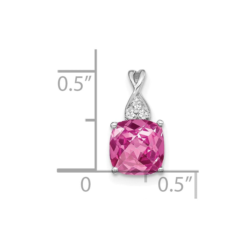 14k White Gold 7mm Cushion Checkerboard October/Lab Created Pink Sapphire and Diamond Pendant
