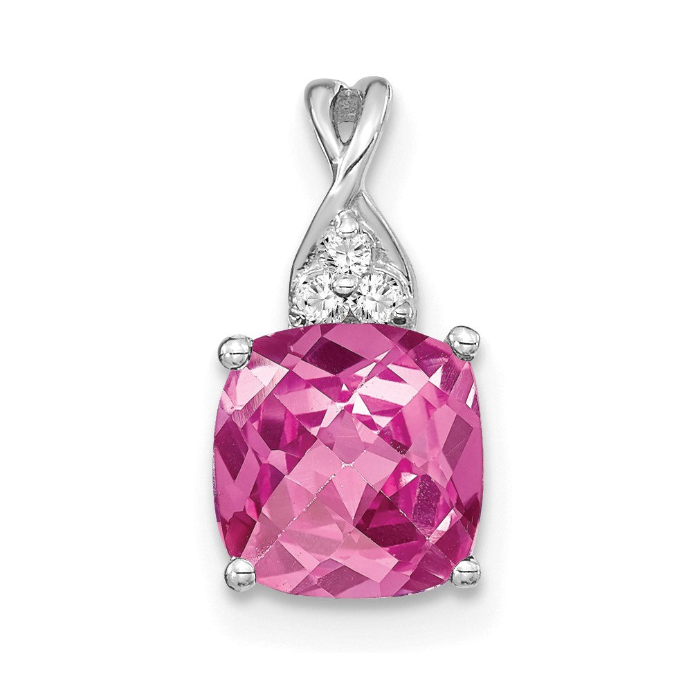 14k White Gold 7mm Cushion Checkerboard October/Lab Created Pink Sapphire and Diamond Pendant
