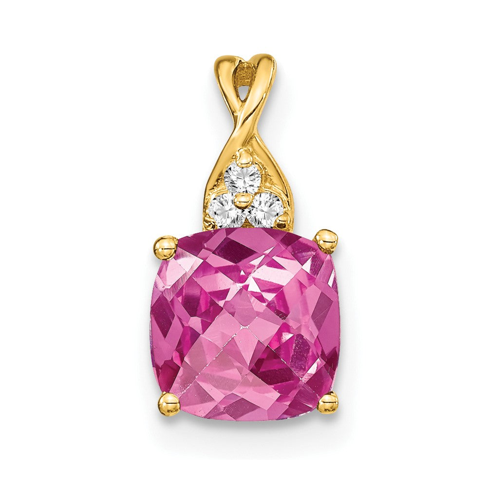14k 7mm Cushion Checkerboard October/Lab Created Pink Sapphire and Diamond Pendant